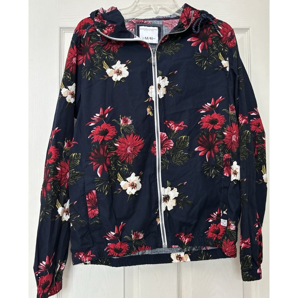 Denim & Flowers Ricky Singh Lightweight Hooded Jacket Navy Floral Size Medium